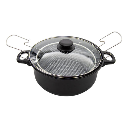 Meyerhoff Frituurpan 24 cm – 4L – Met Mandje en Glazen Deksel – Voor op het Fornuis – RVS Zwart – Multifunctionele Frituurpan met Gelijkmatige Warmteverdeling