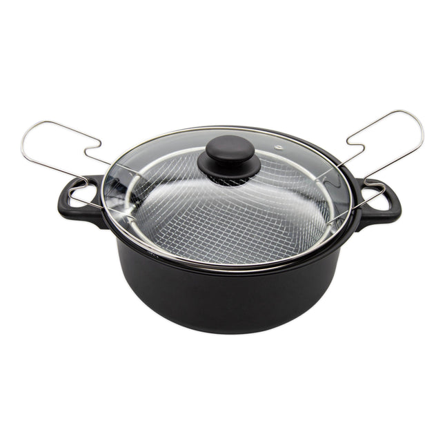 Meyerhoff Frituurpan 24 cm – 4L – Met Mandje en Glazen Deksel – Voor op het Fornuis – RVS Zwart – Multifunctionele Frituurpan met Gelijkmatige Warmteverdeling