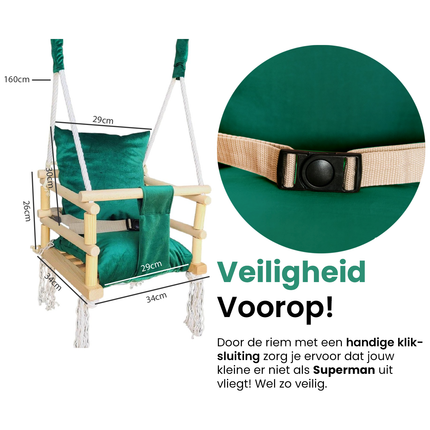 LoveGifts Luxe Houten 3-in-1 Meegroei Babyschommel Groen – Veilig Schommelzitje Baby & Peuter – Handgemaakt Houten Schommelstoel – Cleanaboo® Stof – Voor Binnen & Buiten – Tot 25 kg