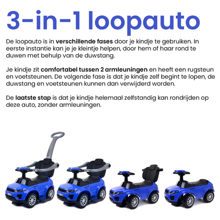 3 in 1 sportauto loopauto met 5 geluiden op het stuur belastbaar tot 27 kg blauw