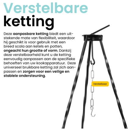 Meyerhoff Driepoot Standaard 120 cm – Stalen Ketelhouder met Ketting – Opvouwbaar – Voor Hongaarse Ketels & Kampvuur Koken – Buiten Kookstatief