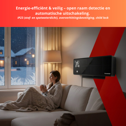 Kaminer Zelvion Elektrische Wandverwarming met LED-display & WiFi – Slimme Luchtgordijnverwarming 2000W met App & Afstandsbediening – Energiezuinig & Stil