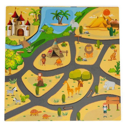 Ecotoys 9 delige puzzelspeelmat foam safari voor baby en peuter - Vloerpuzzel inclusief opbergtas - 93,5x93,5cm