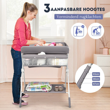 Baby Joy 4-in-1 Inklapbare Babycommode – Grijs – Verstelbaar – Met Wielen, Veiligheidsgordel & Opbergruimte – Luiertafel