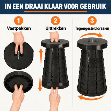 Trendmix Opvouwbare Kruk Verstelbaar & Lichtgewicht Zwart – Compacte Telescopische Kruk Voor Festival, Concert, Camping & Reizen