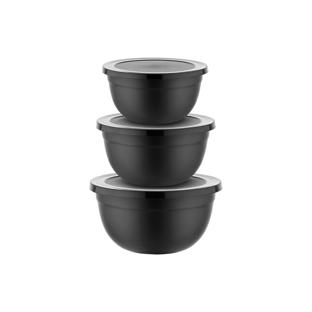 Meyerhoff Saladekommen Set van 3 – RVS Mengkommen met Deksel – Ø 14/16/18 cm – Zwart – Vaatwasserbestendig & Stapelbaar