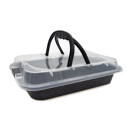 Meyerhoff Bakery Rechthoekige Cakevorm met Deksel – 36,5 x 25,5 x 6 cm – Antraciet Marmer – Grote Bakvorm – Vaatwasserbestendig – Voor Cake, Brood, Quiche & Taart