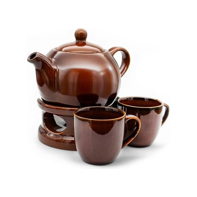 Bella Fiore Theepot met Warmer – 1L Porseleinen Theeset met 2 Mokken – Bruin – Luxe Cadeau voor Theeliefhebbers