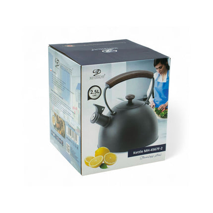 Meyerhoff Fluitketel 2,5 L – RVS Mat Zwart – Houten Handgreep – Fluitketel voor alle warmtebronnen
