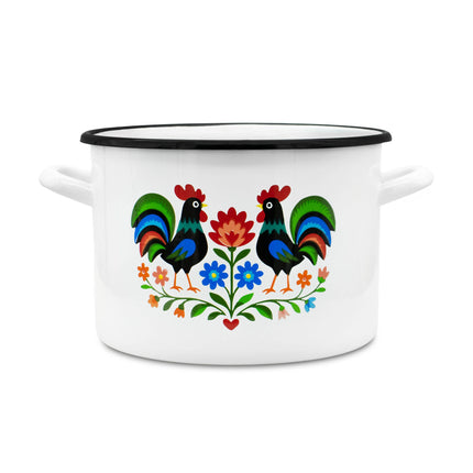 Emaille Kookpan 1,2 Liter – Geëmailleerde Pan 12 cm – Kleine Kookpot met Folk Design – Wit