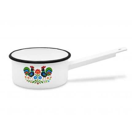 Emaille Steelpan 1,5 Liter – Geëmailleerde Sauspan 16 cm met Handvat – Folk Design – Wit