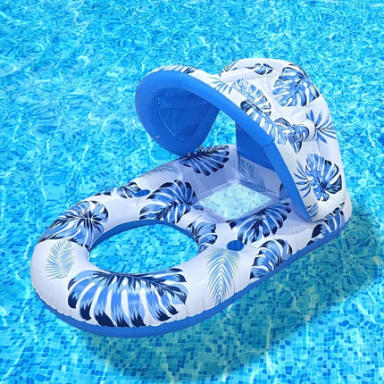 Opblaasbaar Luchtbed met Zonnescherm – Waterstoel 2-in-1 – Opblaasbare Zwemstoel met Rugleuning – Bekerhouder – Blauw – Tot 100 kg