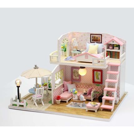 Ikonka DIY Modelbouw Poppenhuis Twee Verdiepingen LED 19,5 cm - Pink Loft Miniatuurhuisje - Bouwpakket
