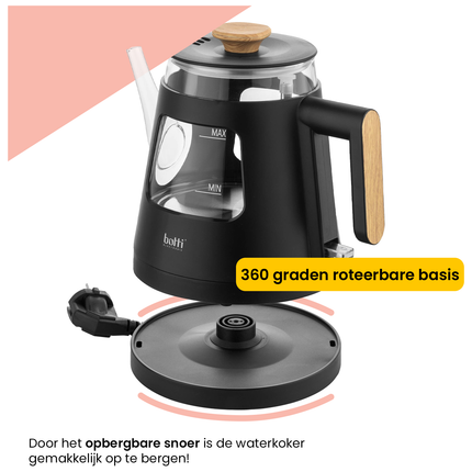 Botti Vivien glazen waterkoker – 0,9 L – 1000 W – Zwart – Professional Series – Modern & veilig