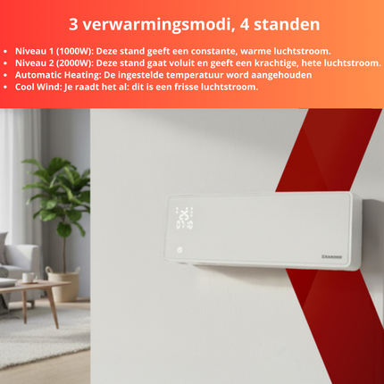 Kaminer Zelvion Elektrische Wandverwarming Wit – Slimme Luchtgordijnverwarming 2000W met WiFi, App & Afstandsbediening – Energiezuinig & Stil