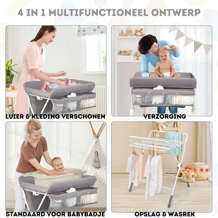 Baby Joy 4-in-1 Inklapbare Babycommode – Grijs – Verstelbaar – Met Wielen, Veiligheidsgordel & Opbergruimte – Luiertafel