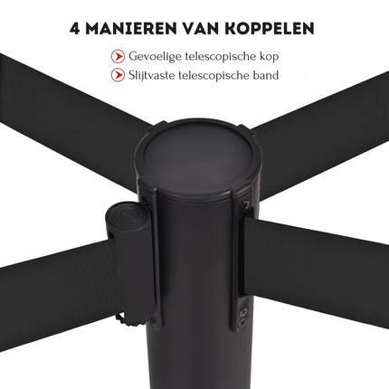 Trendmix Set Van 4 Afzetpalen Met 2 Intrekbare Banden RVS Zwart - Wachtrij Controle Barrière 200cm 90 cm Hoogte