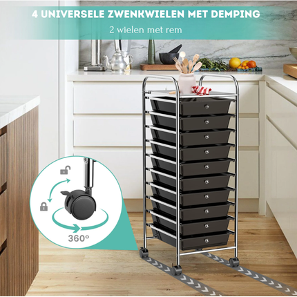 Trendmix Opbergwagen met 10 Lades en Wielen – Zwart – Metaal & PP – Organizer op Wielen voor Kantoor, Salon of Thuisgebruik