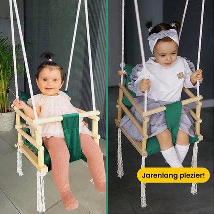 LoveGifts Luxe Houten 3-in-1 Meegroei Babyschommel Groen – Veilig Schommelzitje Baby & Peuter – Handgemaakt Houten Schommelstoel – Cleanaboo® Stof – Voor Binnen & Buiten – Tot 25 kg