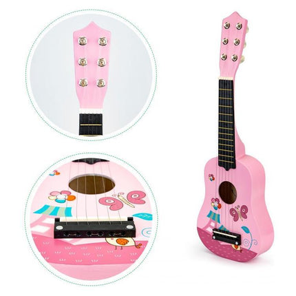 Ecotoys houten kindergitaar met 6 snaren en 12 frets 17,5 x 5 x 52,5 cm roze