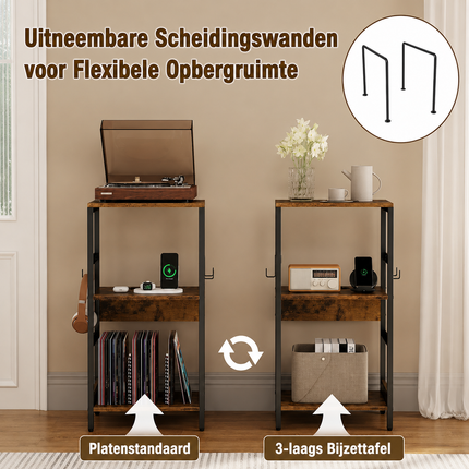 Platenspeler Meubel met 2 Geïntegreerde stopcontacten en USB – Vinyl Opbergkast – LP Kast met 3 Haken – Industrieel Bruin/Zwart