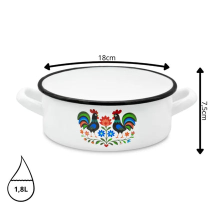Emaille Braadpan 1,8 Liter – Lage Kookpan 18 cm – Geëmailleerde Pan Folk Design – Wit