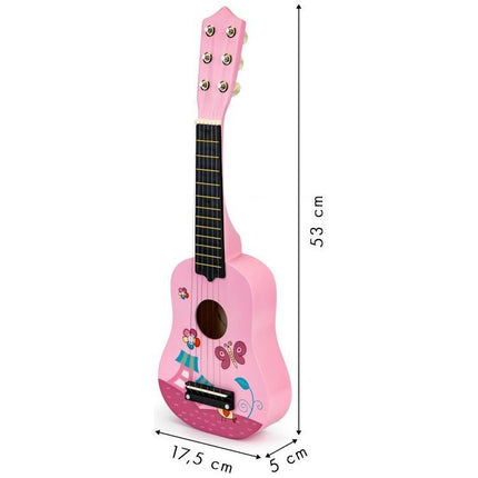 Ecotoys houten kindergitaar met 6 snaren en 12 frets 17,5 x 5 x 52,5 cm roze