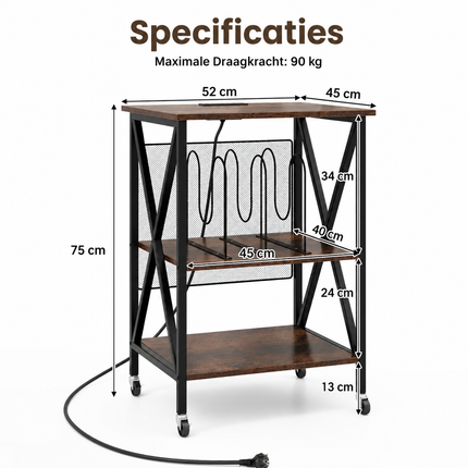 Platenspeler Meubel Met 2 Geïntegreerde Stopcontacten – Vinyl Opbergkast voor 250 LP's – Verrijdbare Platenkast met USB-A & USB-C – Industrieel Bruin
