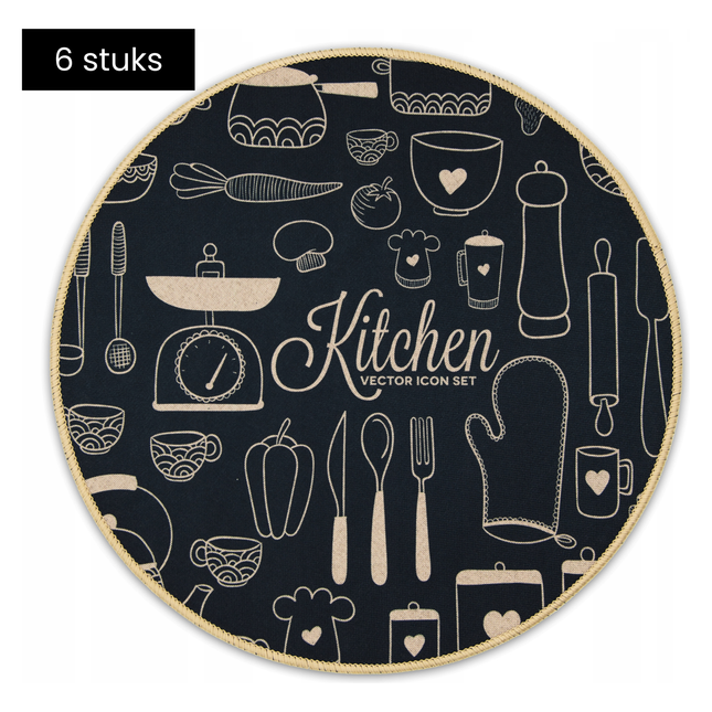 Tragar Set Van 6 Premium Placemats - Ronde Placemats - Antislip Placemat - Onderlegger - Onderzetter - 6 Stuks - Diameter 38 cm - Zwart