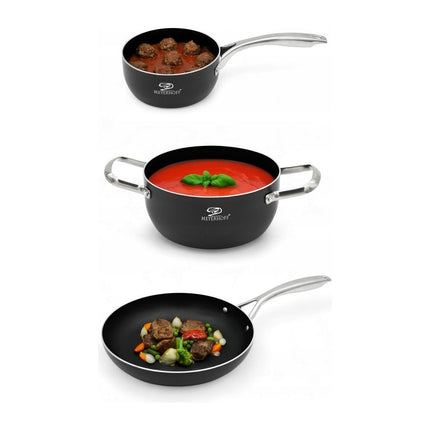 Meyerhoff Premium Pannenset 12‑delig – Aluminium – Zwart – Inclusief Koekenpan, Steelpan & Glazen Deksels – Geschikt voor Inductie