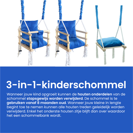 Luxe houten 3 in 1 blauwe meegroei baby schommel en kinder schommel – Baby swing – Schommel die meegroeit met je kindje - Schommelstoel - Schommels - handgemaakt