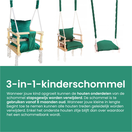 LoveGifts Luxe Houten 3-in-1 Meegroei Babyschommel Groen – Veilig Schommelzitje Baby & Peuter – Handgemaakt Houten Schommelstoel – Cleanaboo® Stof – Voor Binnen & Buiten – Tot 25 kg