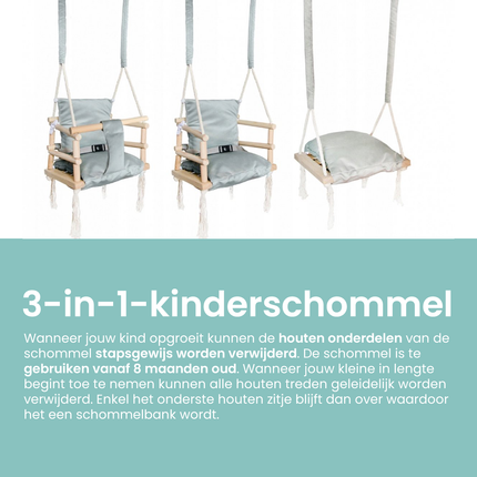 Luxe houten 3 in 1 licht grijze meegroei baby schommel en Kinder schommel – Baby swing – Schommel die meegroeit met je kindje - Schommelstoel - Schommels - handgemaakt