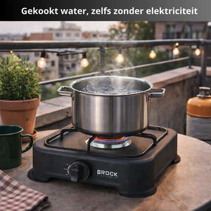 BROCK 1-Pits Gasfornuis – Draagbaar Camping Kooktoestel op LPG – Gietijzeren Branders – Buiten Kookplaat 24x24x6 cm – Zwart