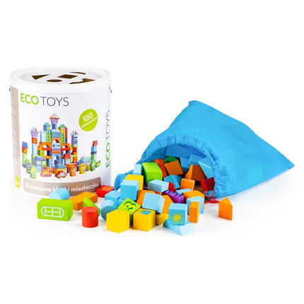 Ecotoys houten speelblokken met sorteerder in stad thema 23 x 20.5 x 20.5 cm