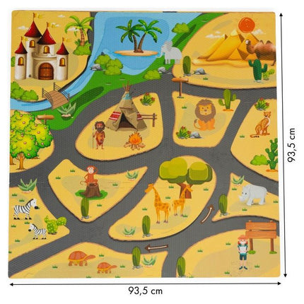 Ecotoys 9 delige puzzelspeelmat foam safari voor baby en peuter - Vloerpuzzel inclusief opbergtas - 93,5x93,5cm