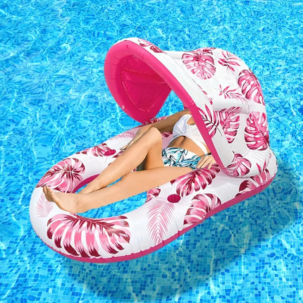 Opblaasbaar Luchtbed met Zonnescherm – Waterstoel 2-in-1 – Opblaasbare Zwemstoel met Rugleuning – Drankhouder – Roze – Tot 100 kg