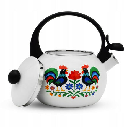 Meyerhoff White Folk fluitketel 2,2L – Emaille inductie fluitketel – Traditioneel folk design met kip – Wit