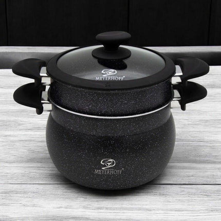 Meyerhoff Stoompannenset 3-delig Ø 24 cm – 9 L – RVS met Marmercoating – Geschikt voor Inductie – Zwart
