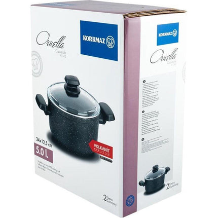 Korkmaz Ornella Braadpan 24 cm – Aluminium Pan 5L Met Deksel – 5-Laags Antiaanbaklaag – Marmerlook – Voor Inductie en Alle Warmtebronnen