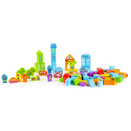Ecotoys houten speelblokken met sorteerder in stad thema 23 x 20.5 x 20.5 cm