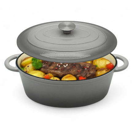Gietijzeren Braadpan 4,3L met Deksel – Ovale Geëmailleerde Stoofpan & Braadslede – 30 cm – Grijs