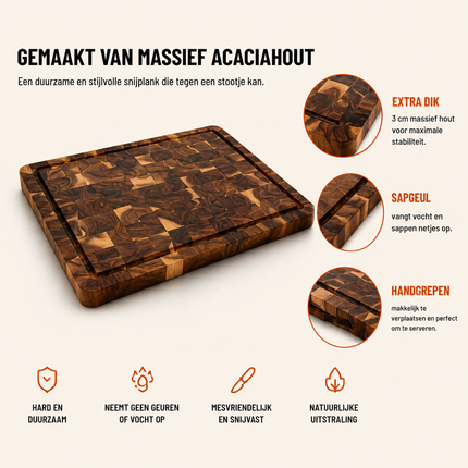 Houten Snijplank Acaciahout 43x33 cm – Grote Snijplank met Sapgeul – Luxe Serveerplank & Hakblok