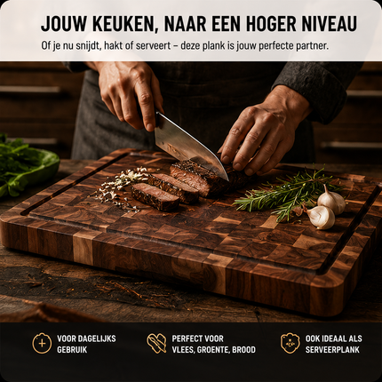 Houten Snijplank Acaciahout 43x33 cm – Grote Snijplank met Sapgeul – Luxe Serveerplank & Hakblok
