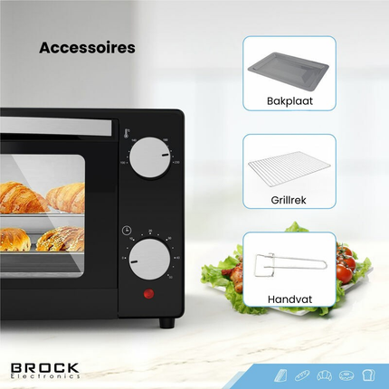 BROCK Elektrische Mini Oven 9L – Vrijstaande Compacte Oven – 650W – 100-230°C – Kleine Bakoven voor Camping of Keuken – Zwart