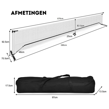 Trendmix Draagbaar Pickleball Net met Metalen Frame 670 cm - Sterk Polyesternet Inclusief Draagtas - Weerbestendig Sportnet voor Binnen en Buiten - Zwart