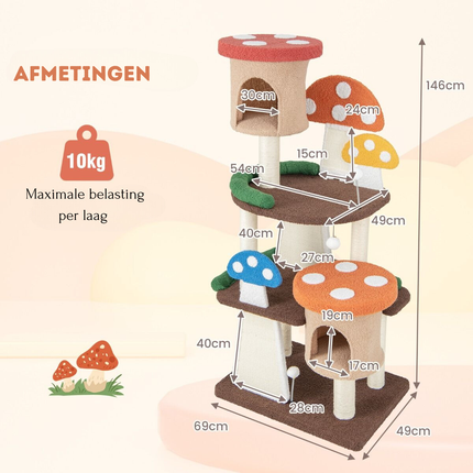 Trendmix Krabpaal voor Katten Paddenstoellook 2 Platforms 69 x 49 x 146 cm – Kattenboom met Kattenmand – Sisal Krabplank en Speelbal
