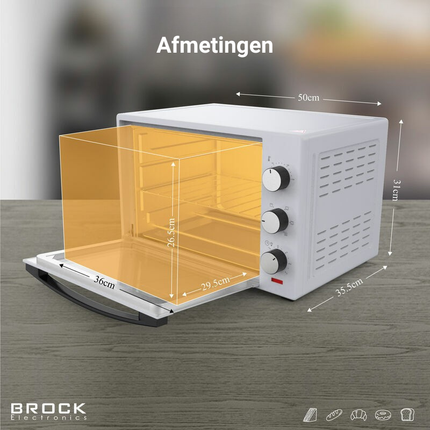 Brock 30L Heteluchtoven met Grill & Timer - 1600W Vrijstaande Mini Oven voor Thuisgebruik – Wit