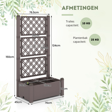 Trendmix Plantenbak met Traliewerk – 76×45×150 cm – Antraciet/Bruin – Zelfbewaterend Verhoogd Bed voor Klimplanten