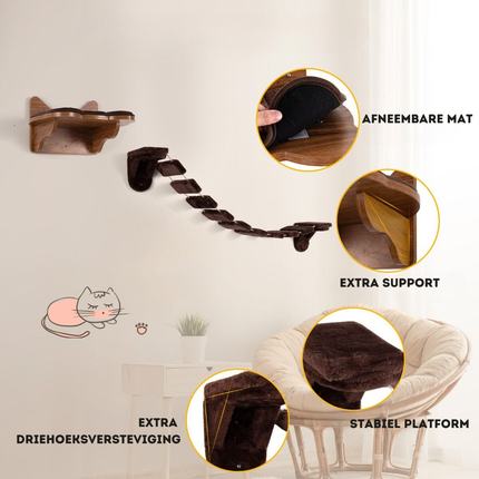 Trendmix Katten Klimmuur Met Bed en Loopbrug – Wandmontage – Duurzaam Hout – Voor Klimmen, Rusten en Spelen – Bruin